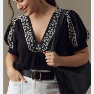 NWOT Anthropologie Blouse 2x Black and White Embroidered